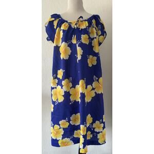 Vintage Hilo Hattie Floral Kimono Aloha Kaftan Hawaiian Muumuu Blue Yellow LG
